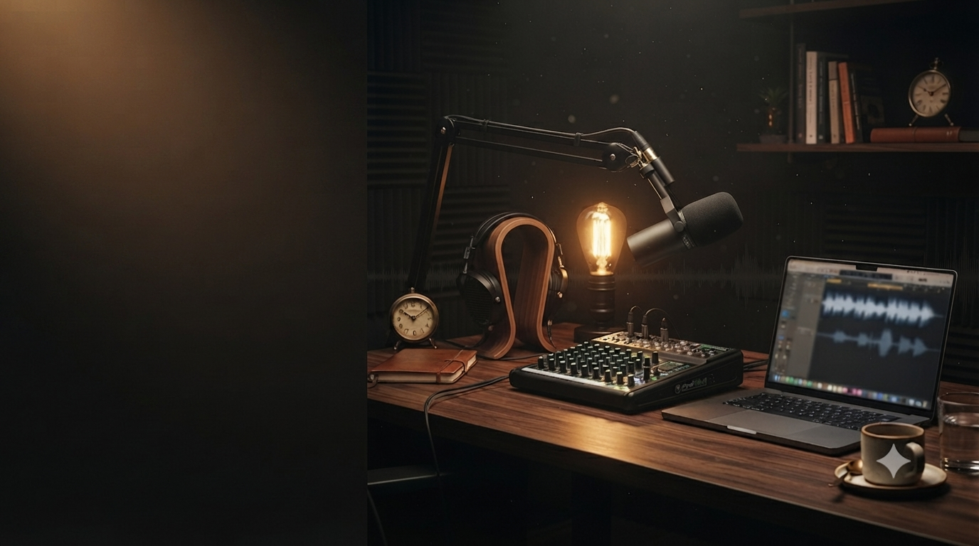 Podcast recording setup with microphone and headphones for ISRG Podcast hosted by NK Sood